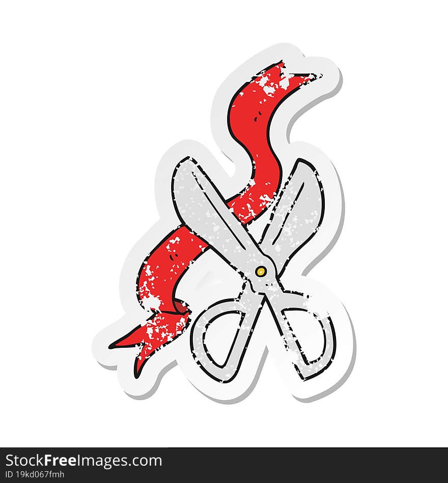 Retro Distressed Sticker Of A Cartoon Scissors Cutting Ribbon