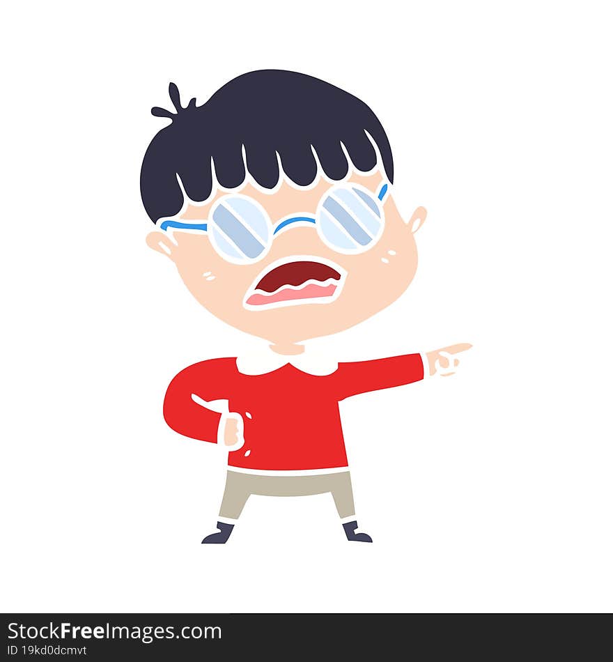 Flat Color Style Cartoon Pointing Boy Wearing Spectacles