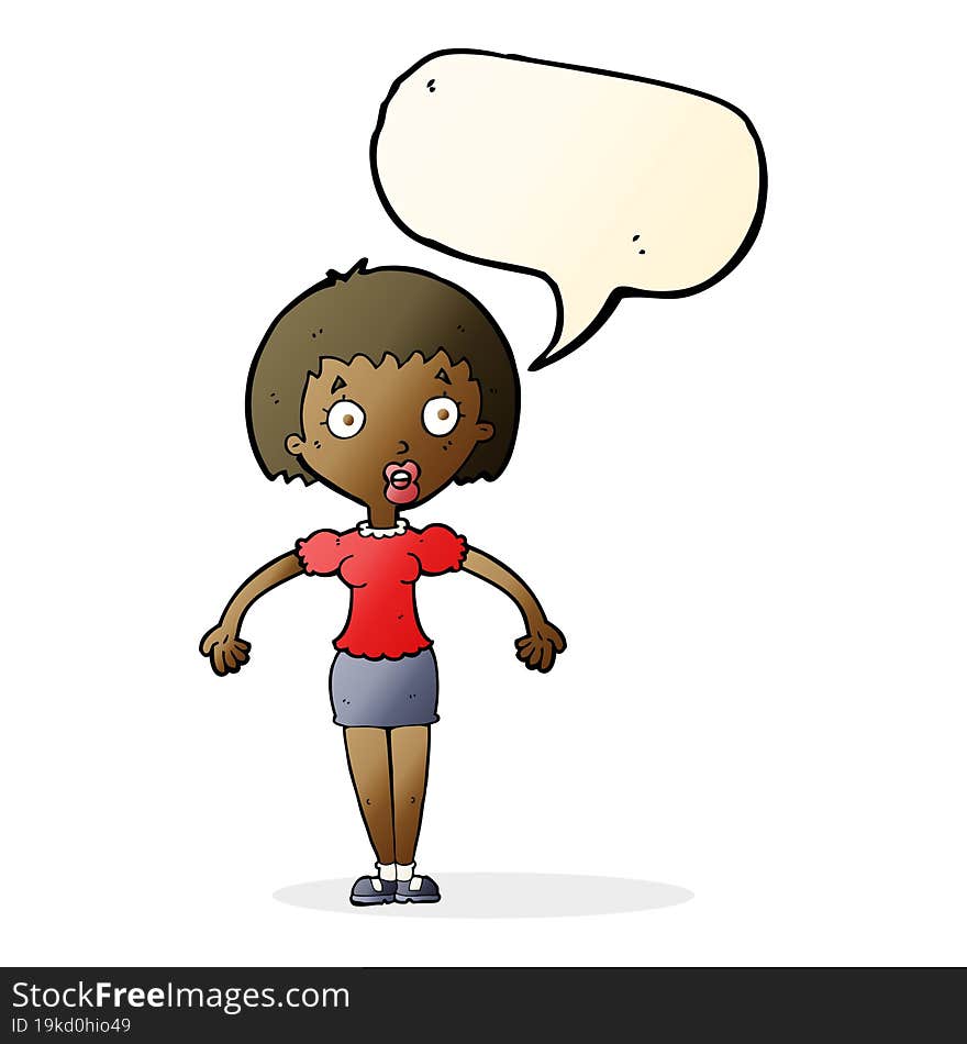 cartoon confused woman shrugging shoulders with speech bubble