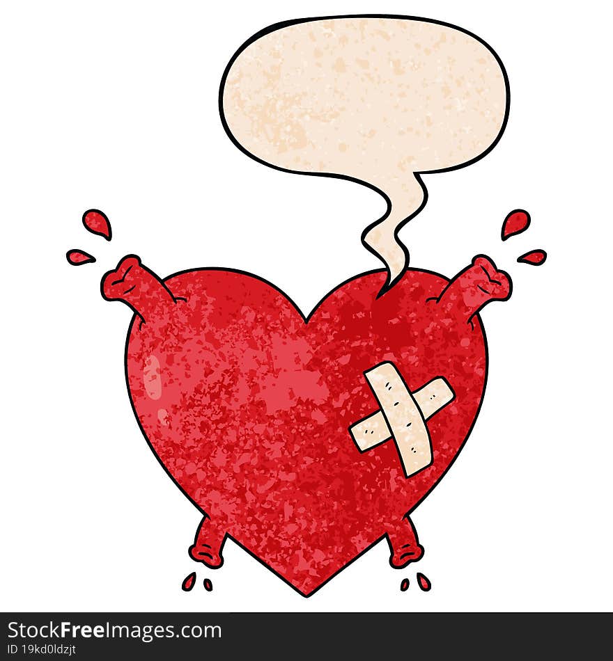 cartoon heart squirting blood and speech bubble in retro texture style