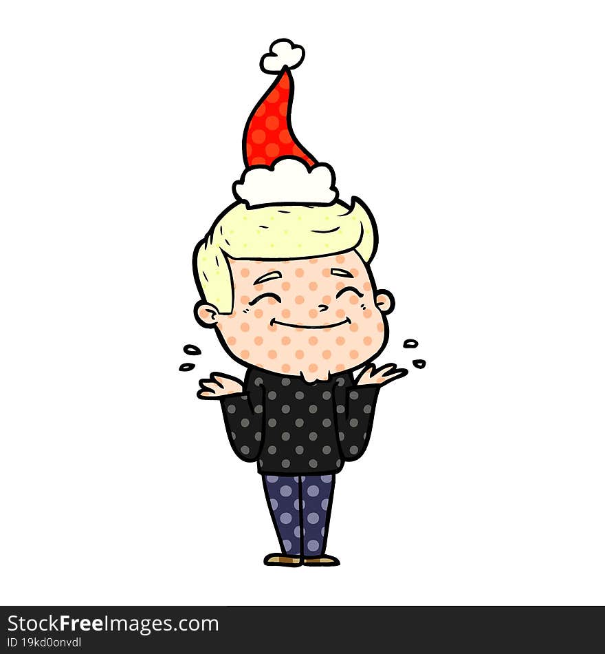 happy hand drawn comic book style illustration of a man shrugging wearing santa hat