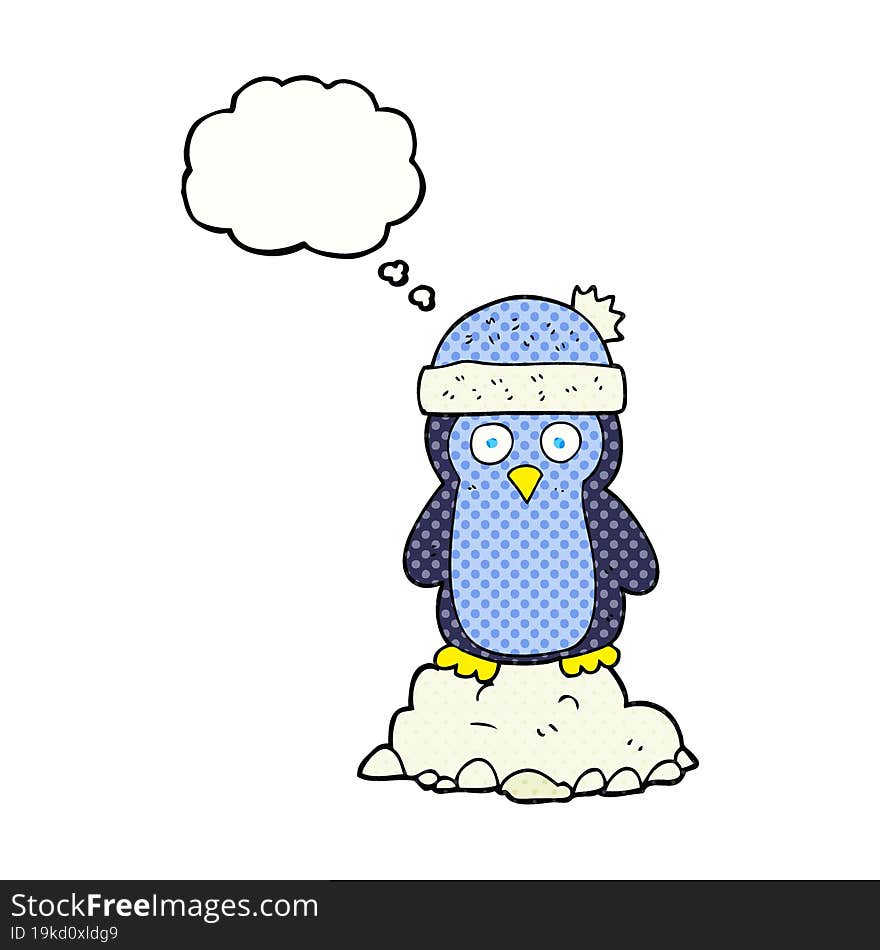 thought bubble cartoon penguin wearing hat