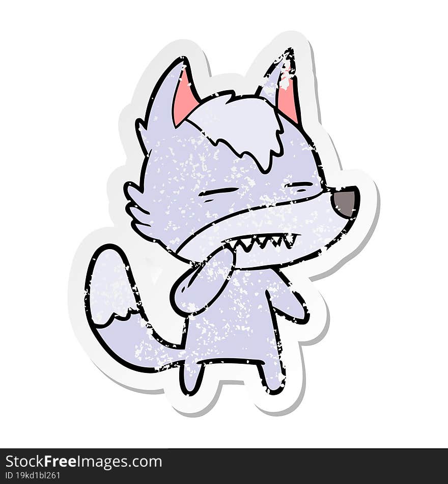 Distressed Sticker Of A Unsure Wolf Showing Teeth