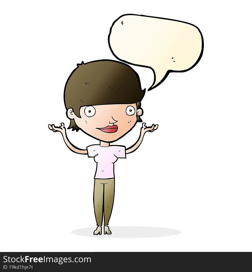 cartoon woman holding arms in air with speech bubble