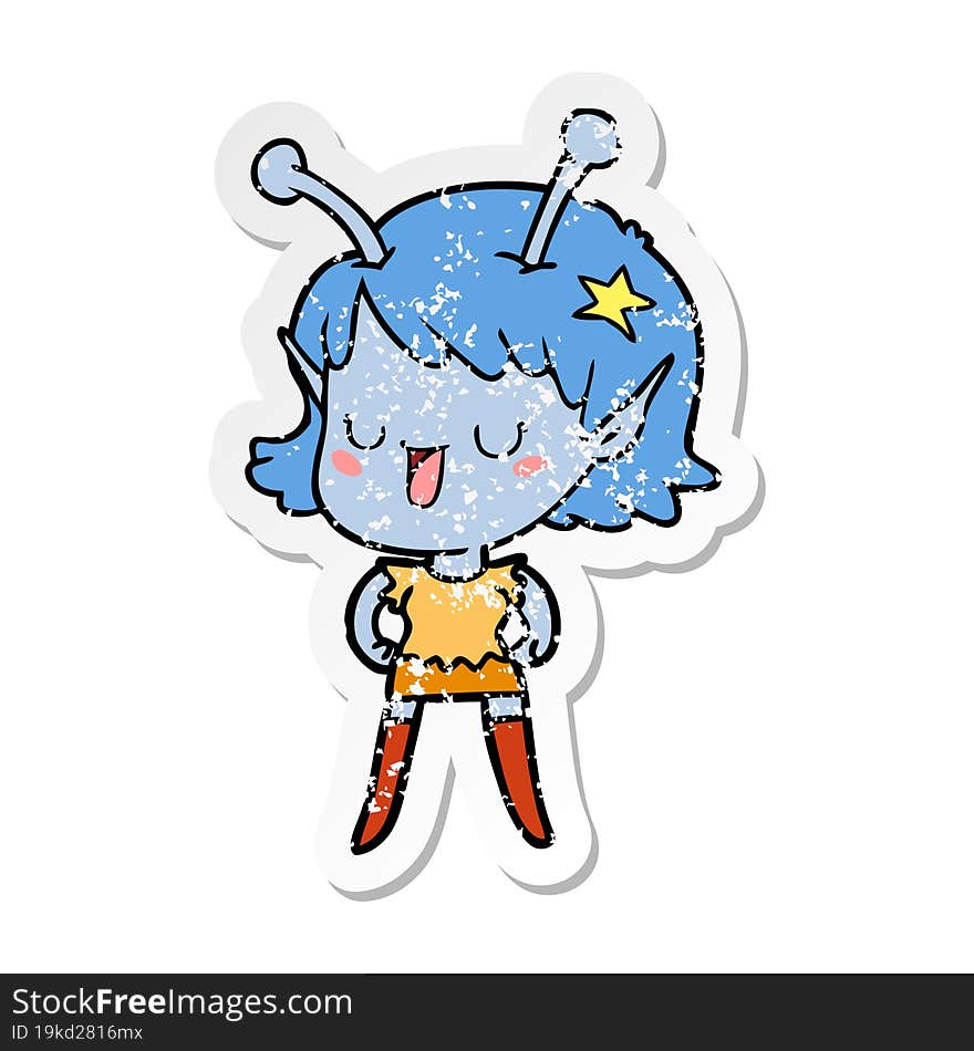 distressed sticker of a happy alien girl cartoon