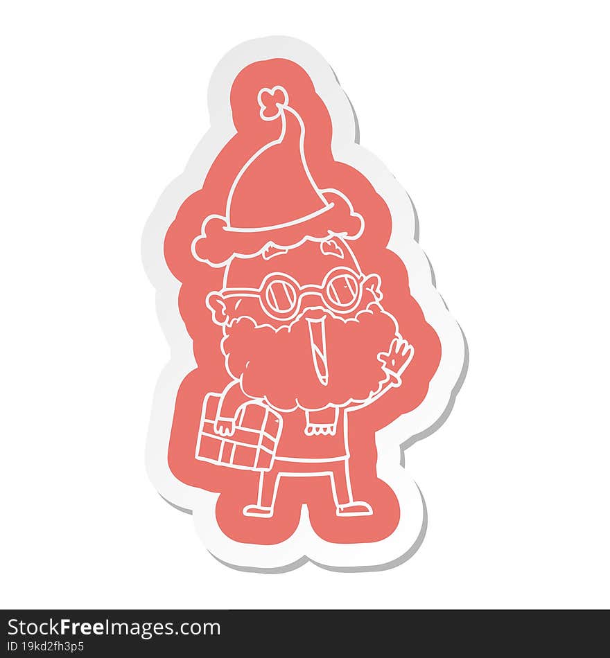 cartoon  sticker of a joyful man with beard and parcel under arm wearing santa hat