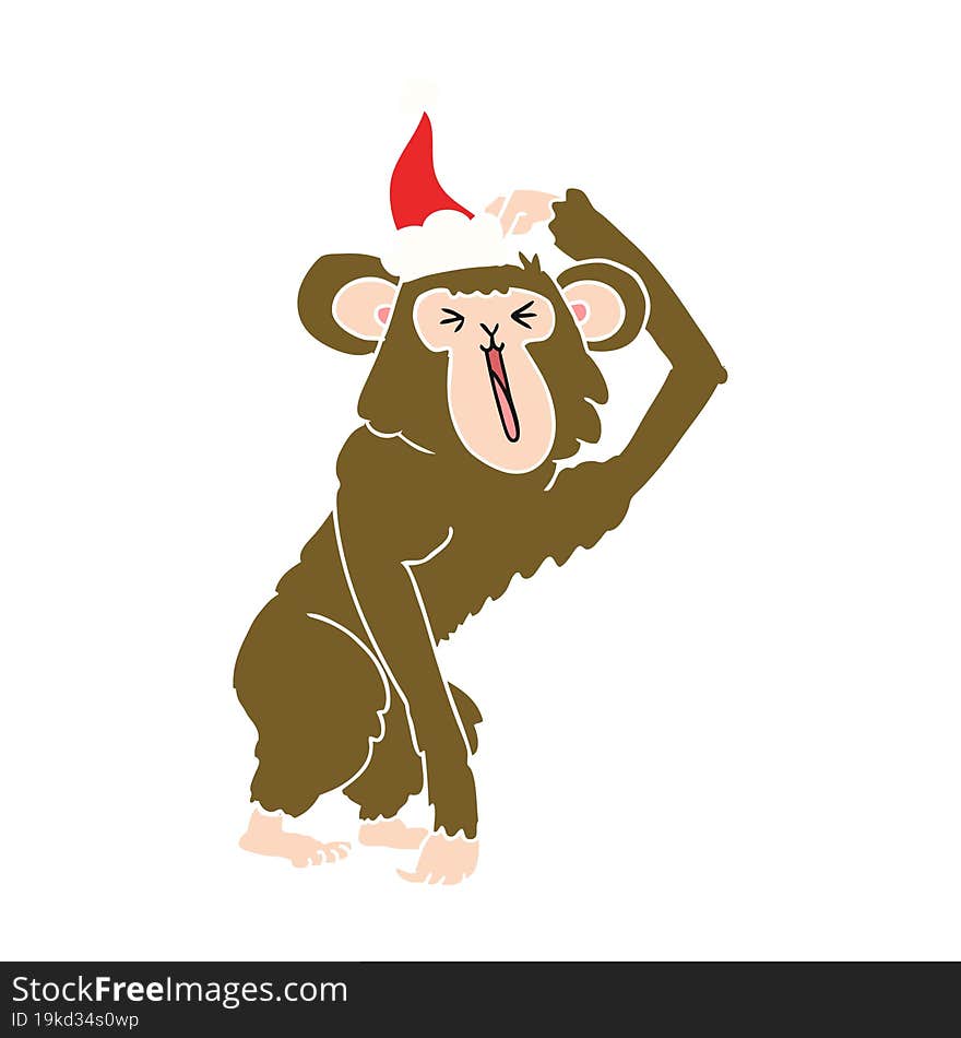 Flat Color Illustration Of A Chimp Scratching Head Wearing Santa Hat