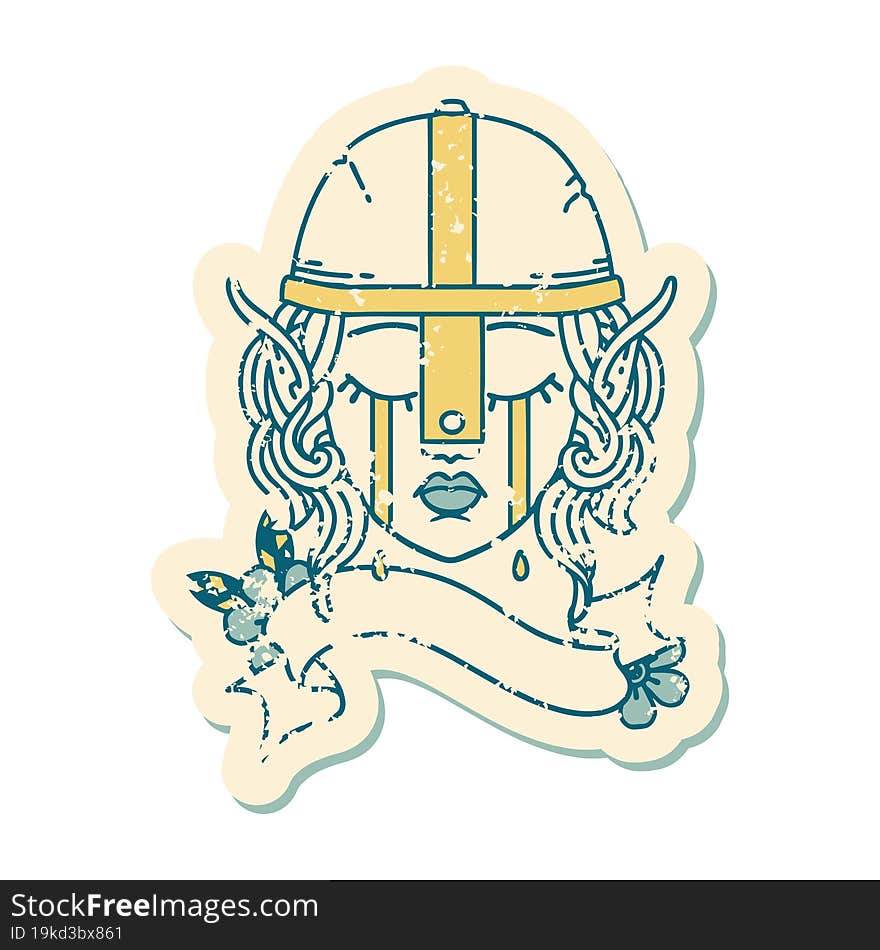 Retro Tattoo Style crying elf fighter character face. Retro Tattoo Style crying elf fighter character face