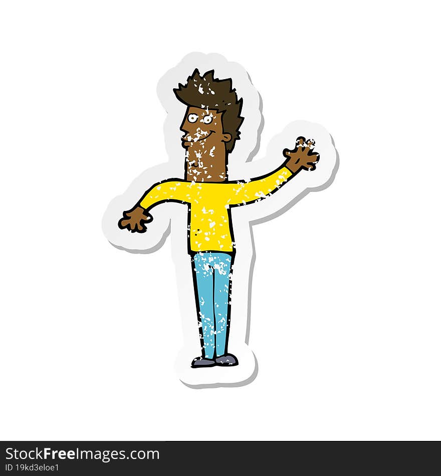 retro distressed sticker of a cartoon happy waving man