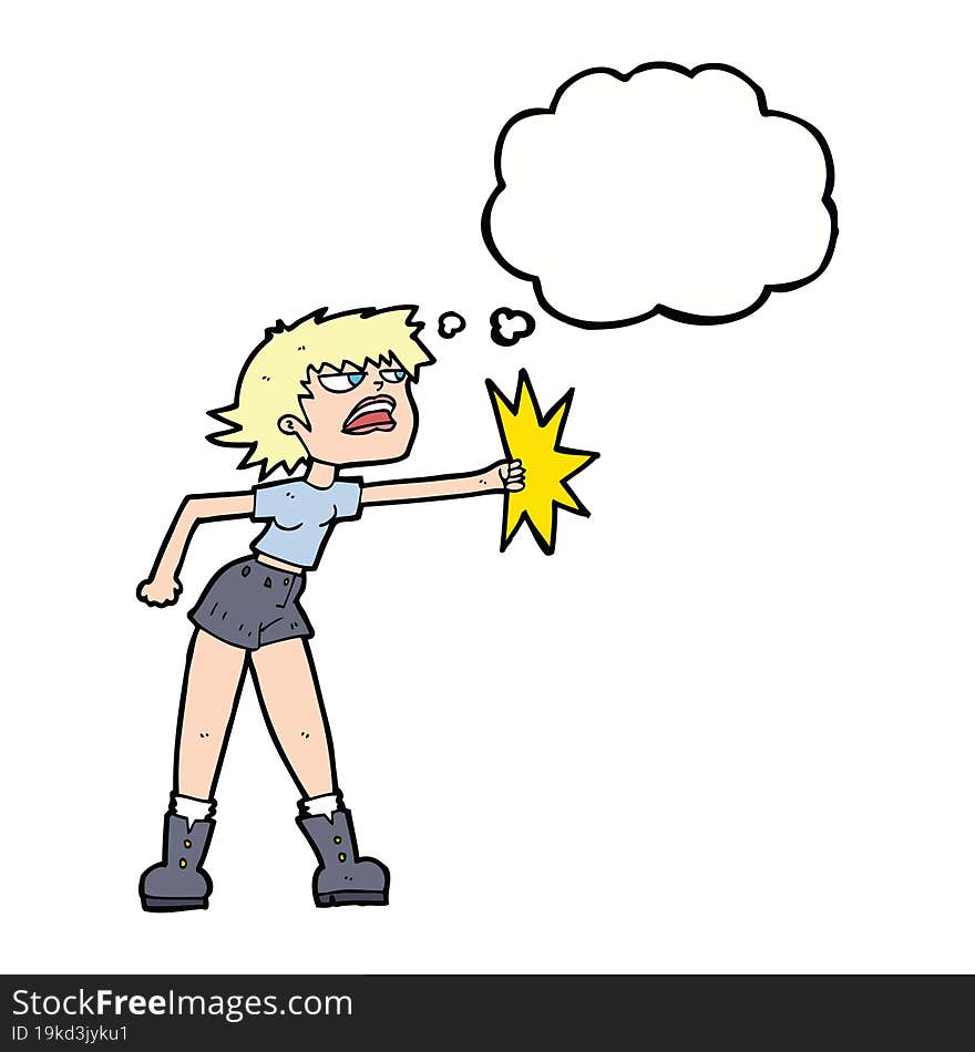 cartoon woman punching with thought bubble