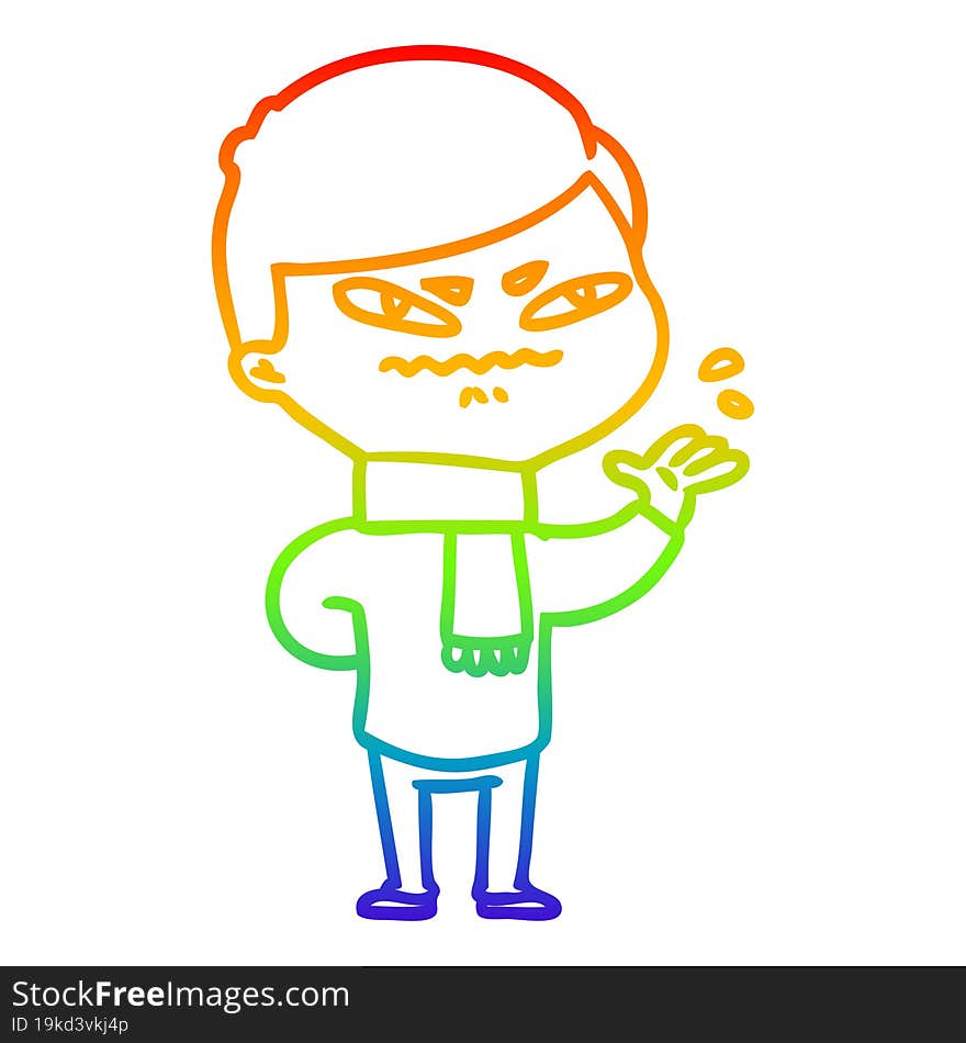 rainbow gradient line drawing of a cartoon angry man