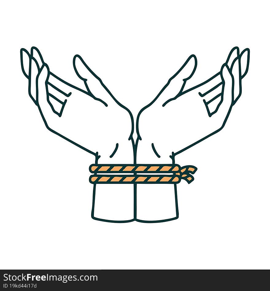 iconic tattoo style image of a pair of tied hands. iconic tattoo style image of a pair of tied hands