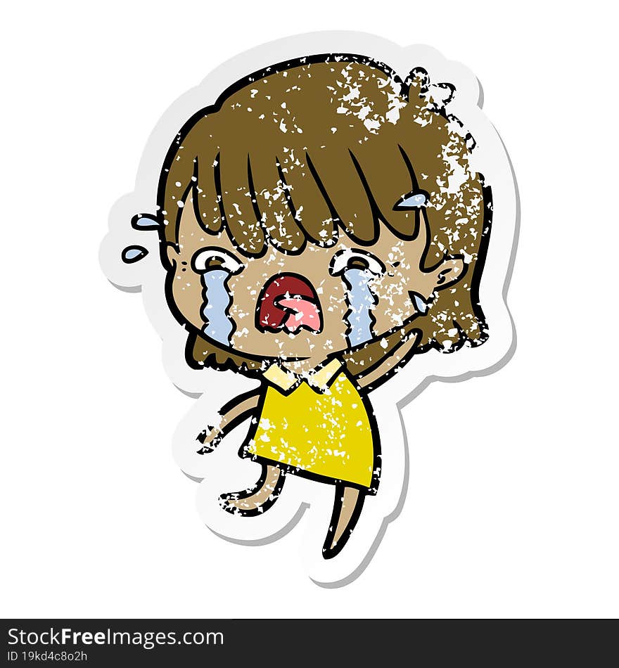 distressed sticker of a cartoon girl crying