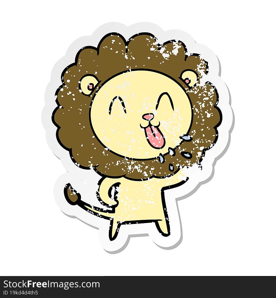 distressed sticker of a happy cartoon lion