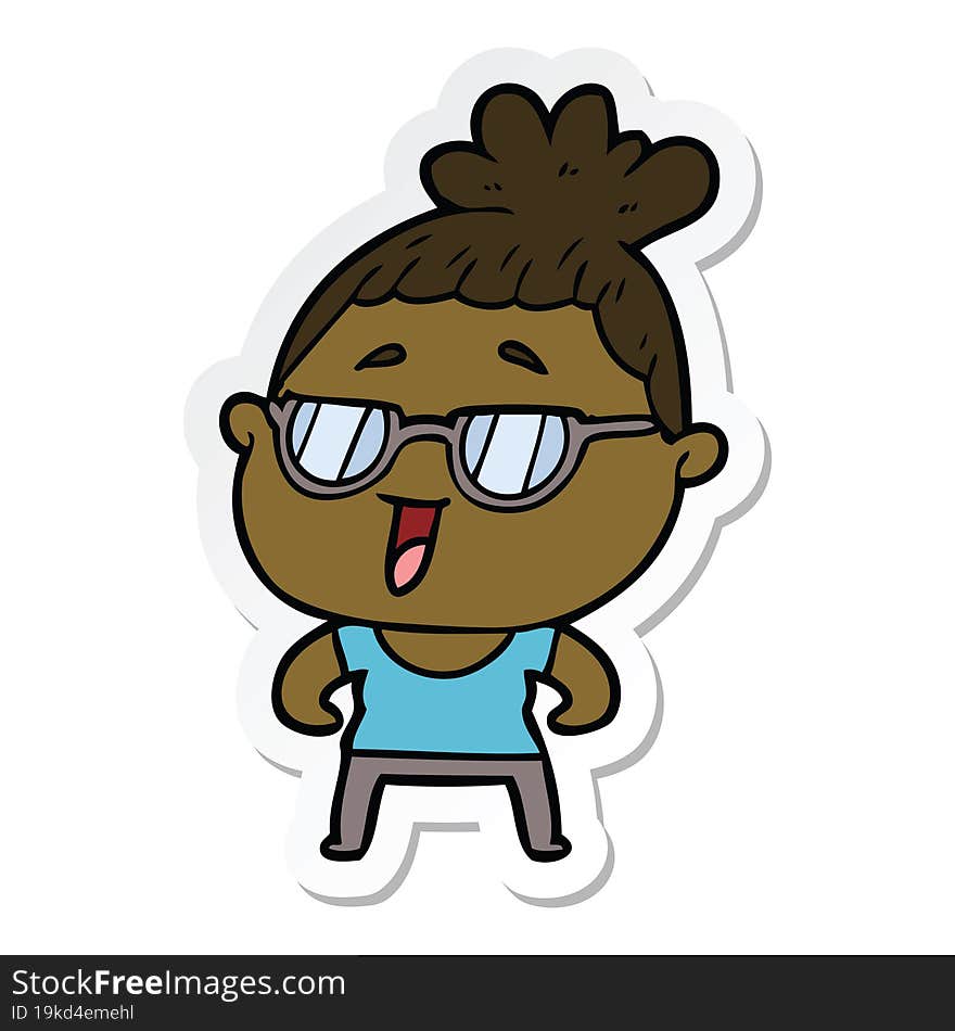 sticker of a cartoon happy woman wearing spectacles