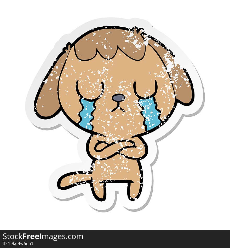 distressed sticker of a cute cartoon dog crying