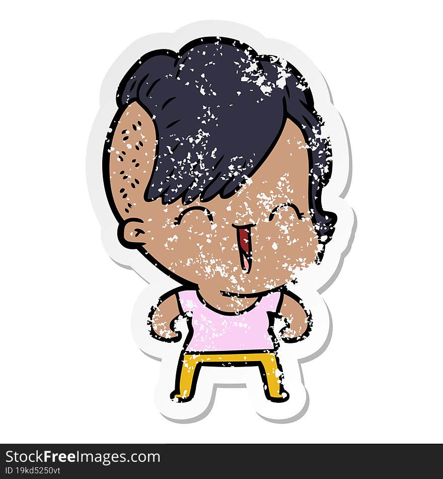 Distressed Sticker Of A Cartoon Happy Hipster Girl