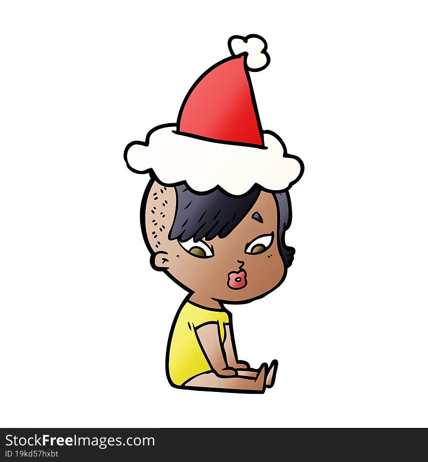 gradient cartoon of a surprised girl wearing santa hat