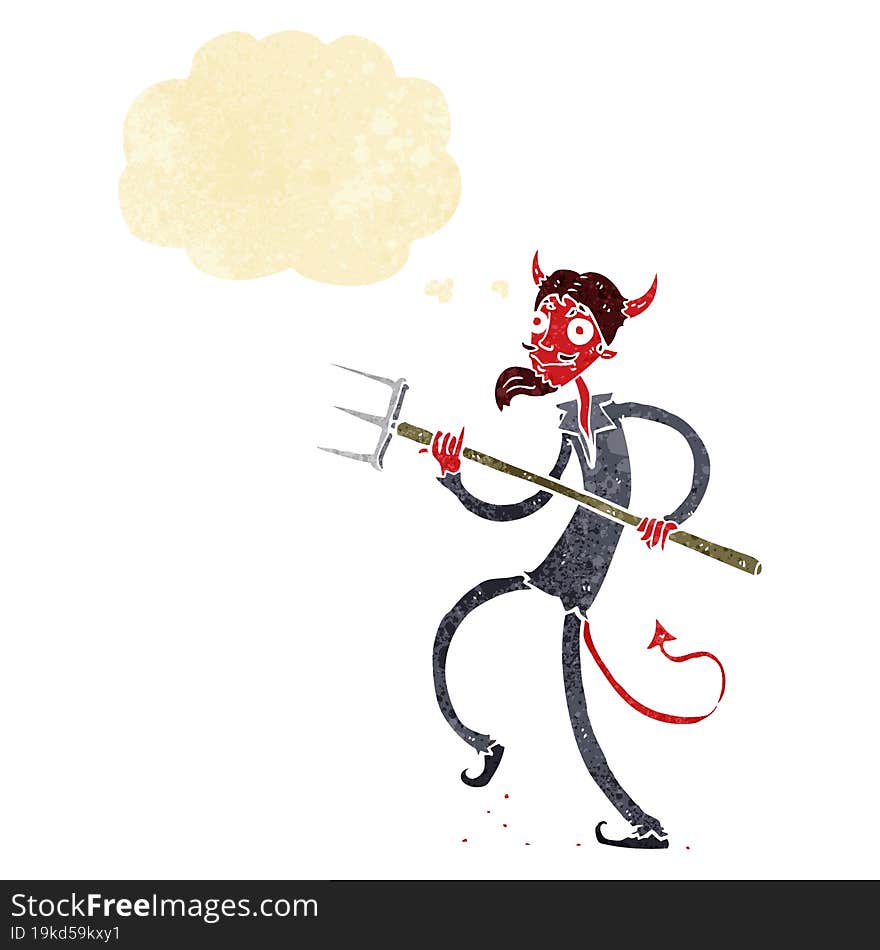 cartoon devil with pitchfork with thought bubble