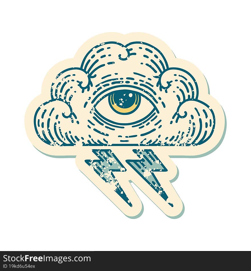 distressed sticker tattoo style icon of an all seeing eye cloud