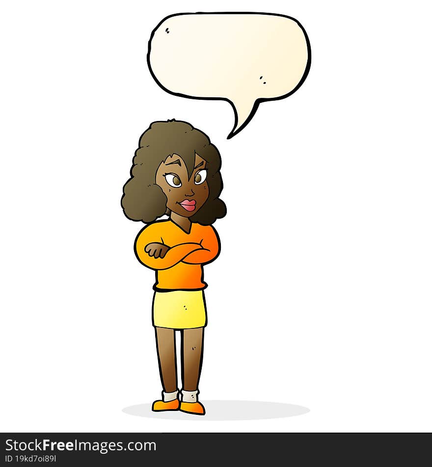 cartoon woman with crossed arms with speech bubble