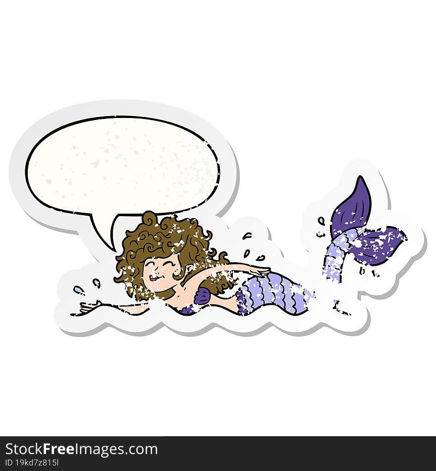 cartoon mermaid with speech bubble distressed distressed old sticker. cartoon mermaid with speech bubble distressed distressed old sticker