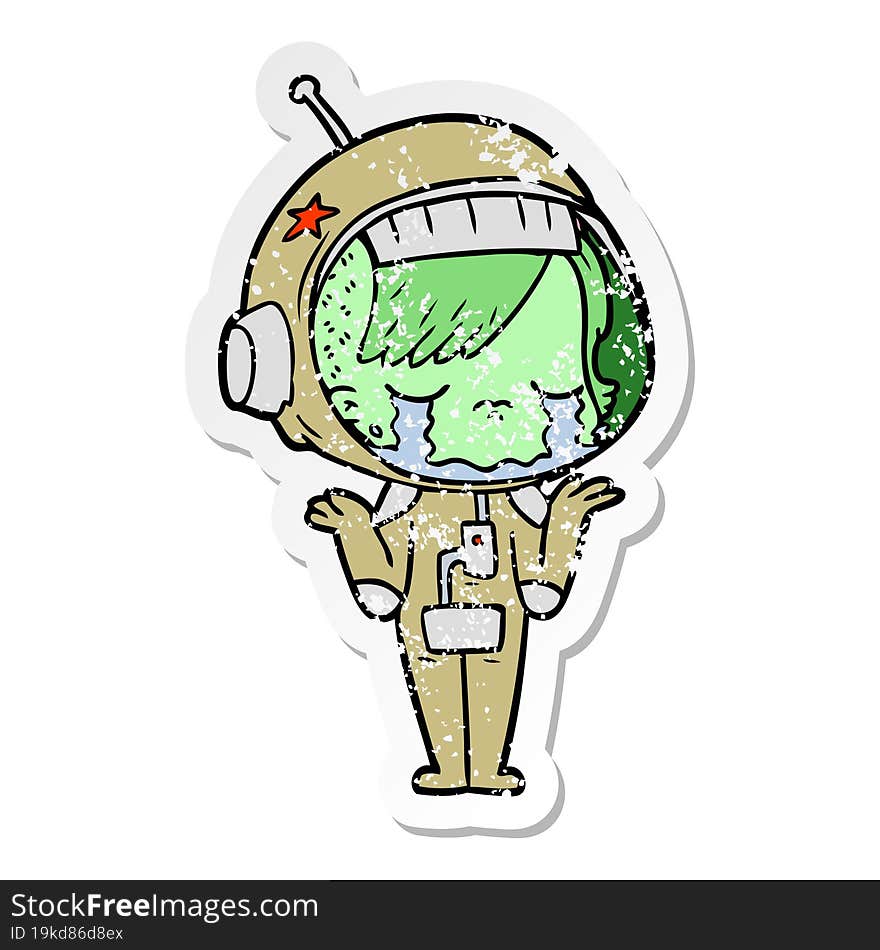 distressed sticker of a cartoon crying astronaut girl