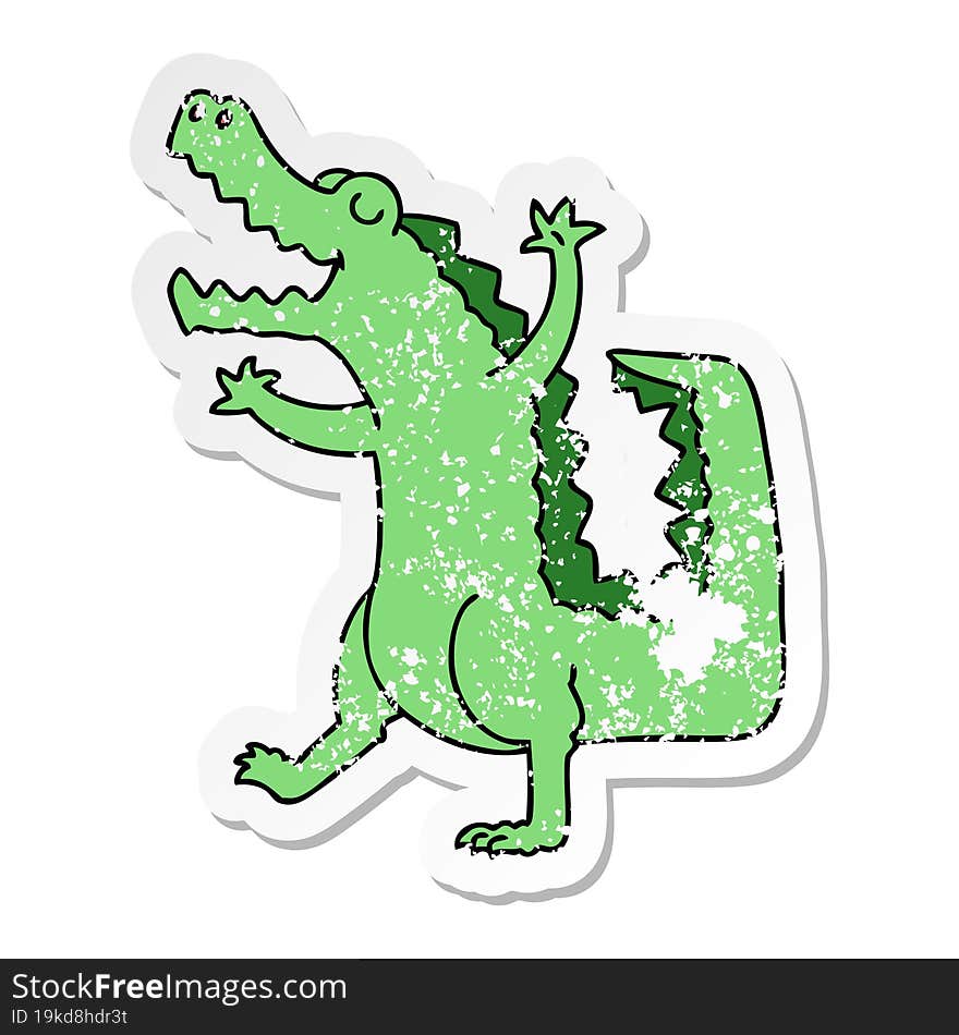 distressed sticker of a quirky hand drawn cartoon crocodile