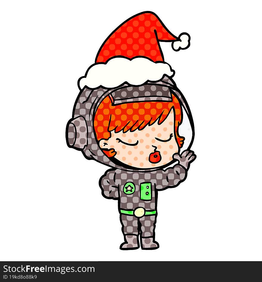 comic book style illustration of a pretty astronaut girl wearing santa hat