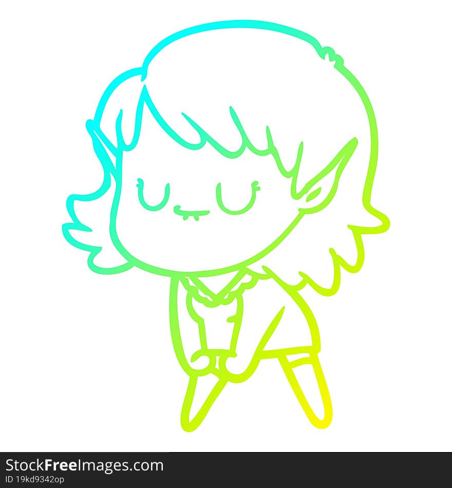 Cold Gradient Line Drawing Happy Cartoon Elf Girl Posing