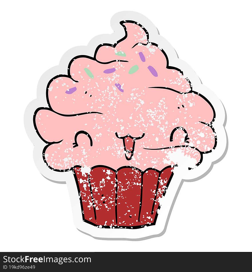 distressed sticker of a cute cartoon frosted cupcake