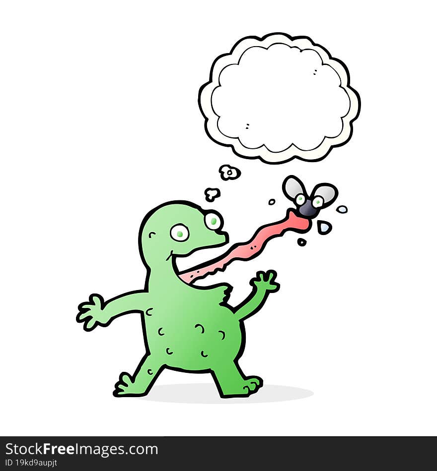 cartoon frog catching fly with thought bubble