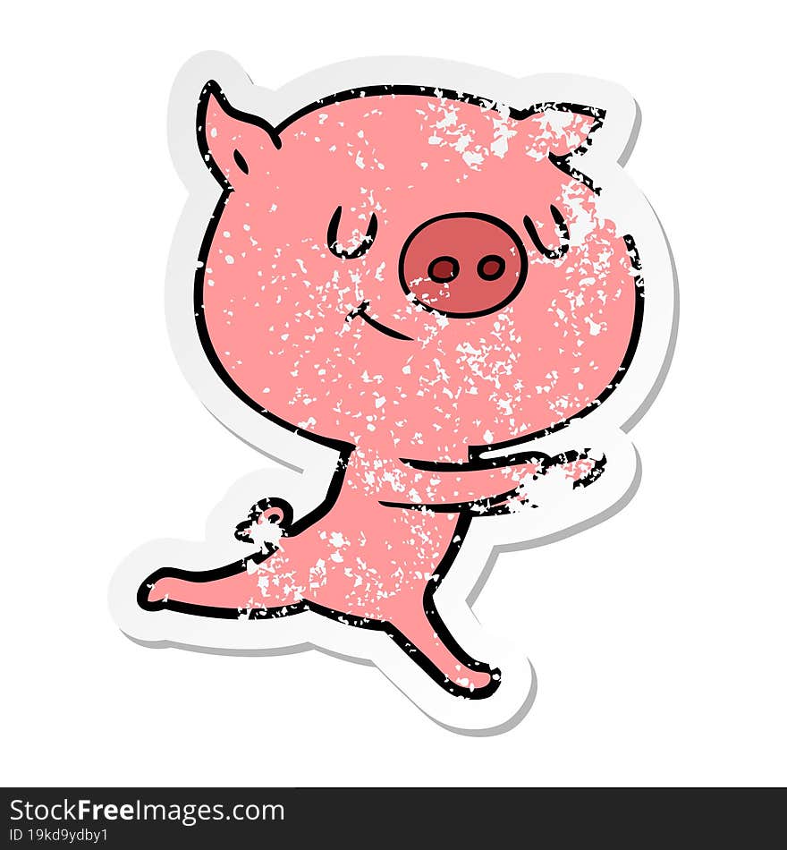 distressed sticker of a happy cartoon pig