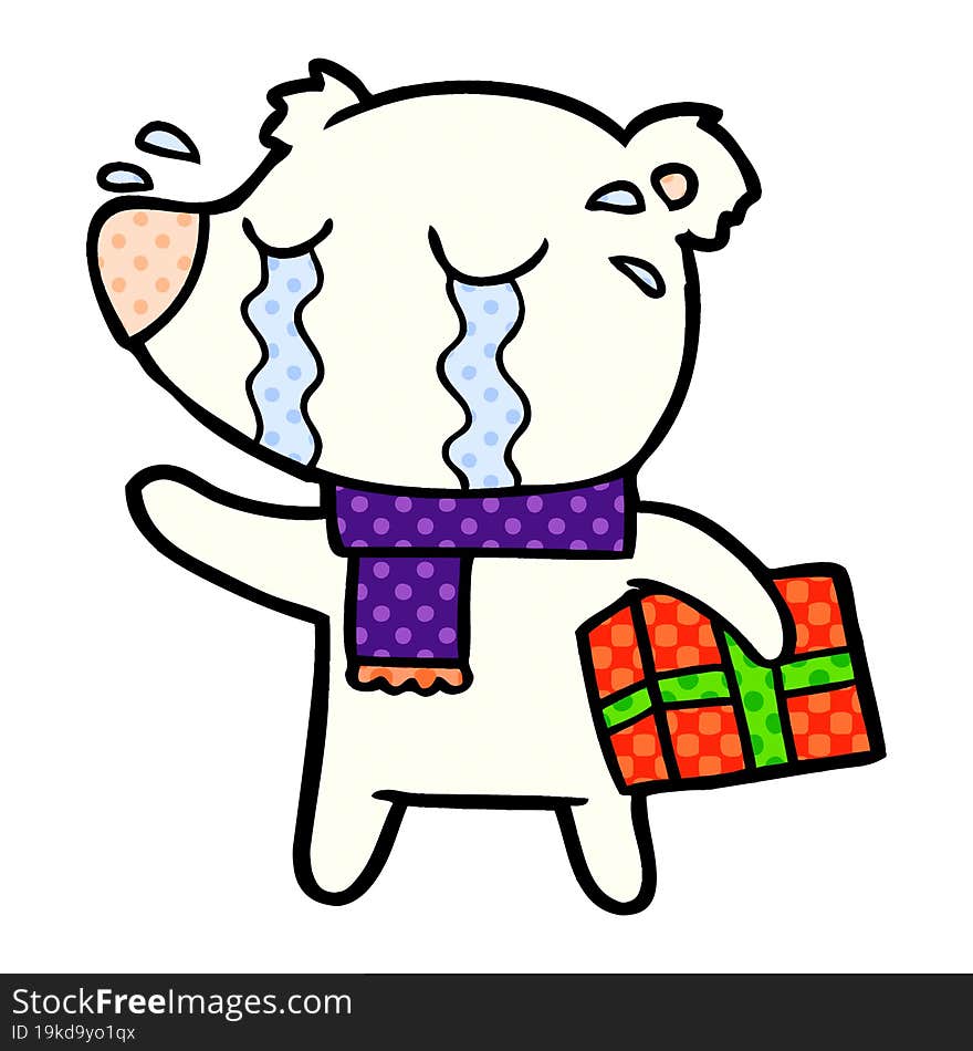 cartoon crying christmas polar bear. cartoon crying christmas polar bear