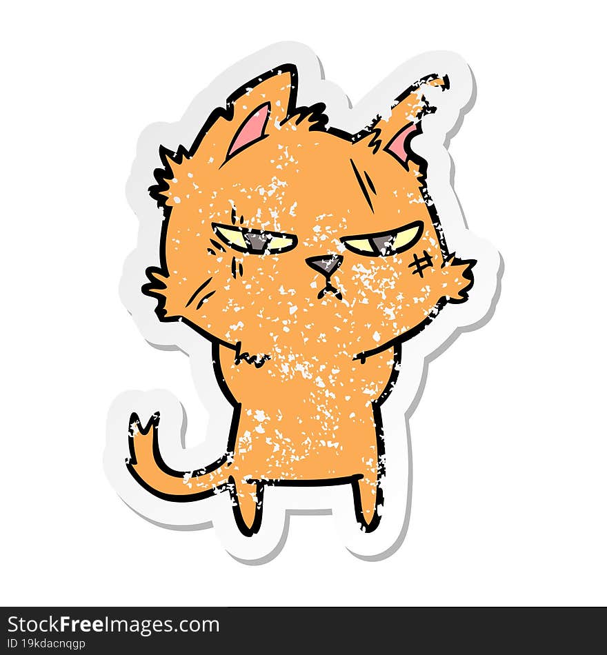 distressed sticker of a tough cartoon cat