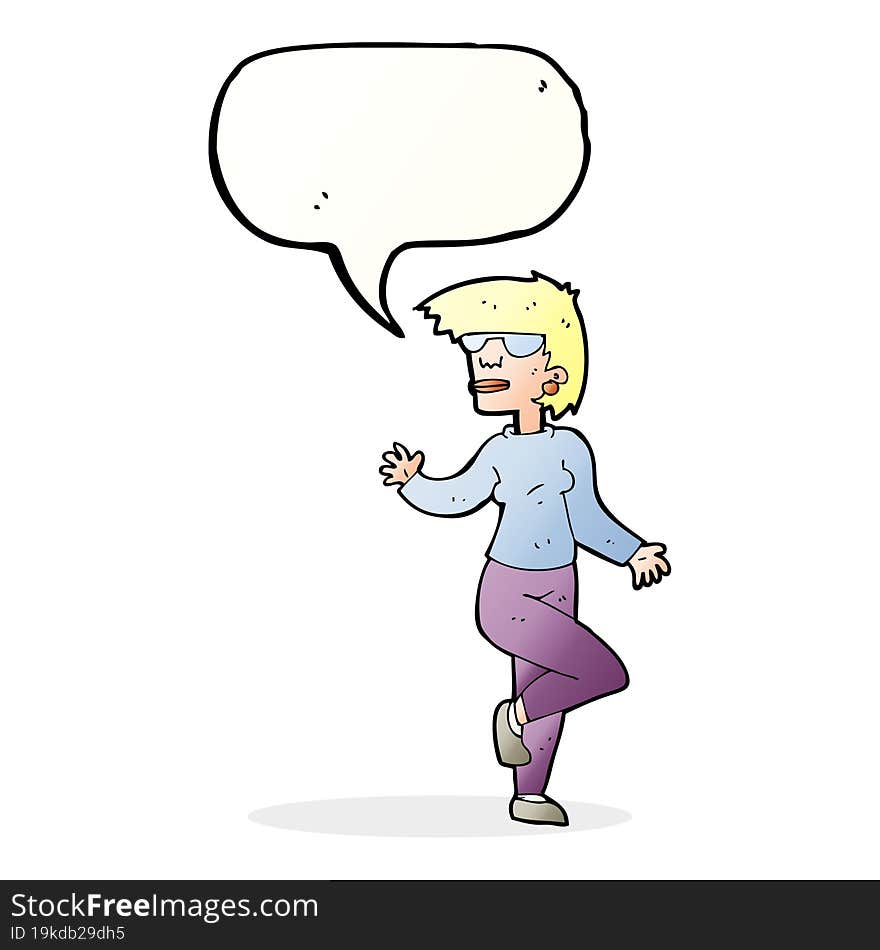 cartoon woman waving with speech bubble