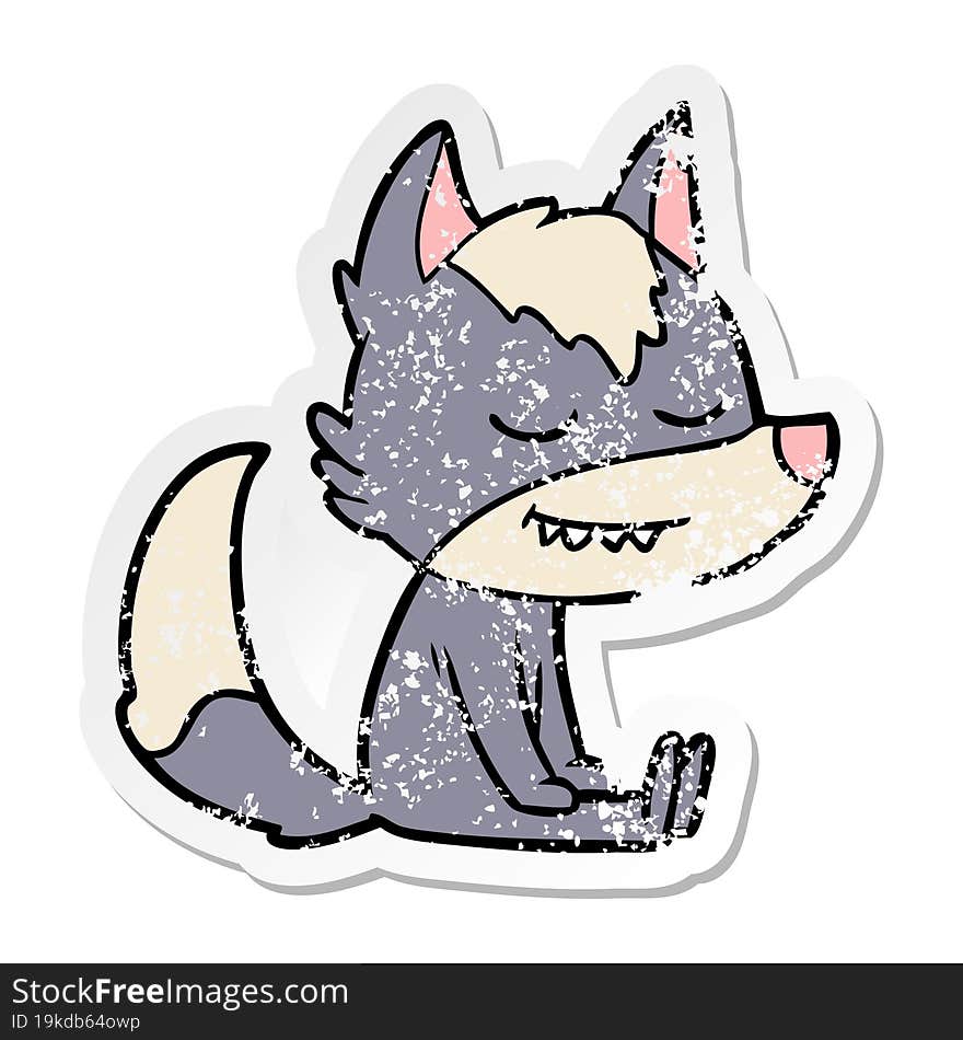 Distressed Sticker Of A Friendly Cartoon Wolf Sitting Down