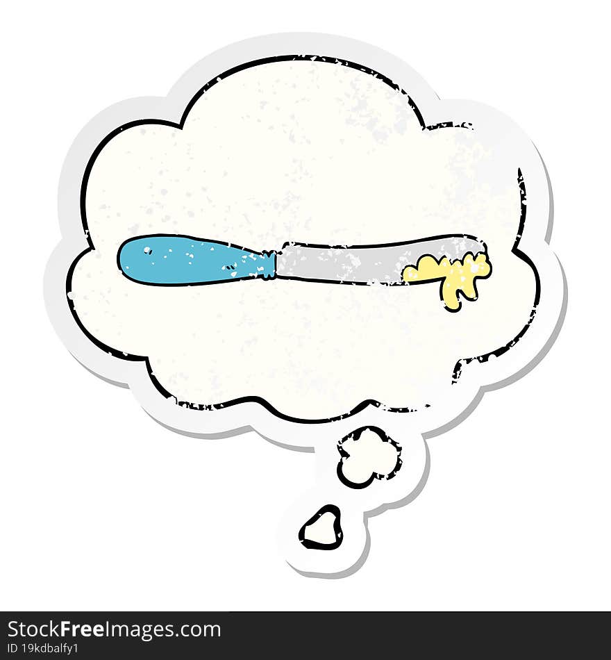 cartoon butter knife with thought bubble as a distressed worn sticker