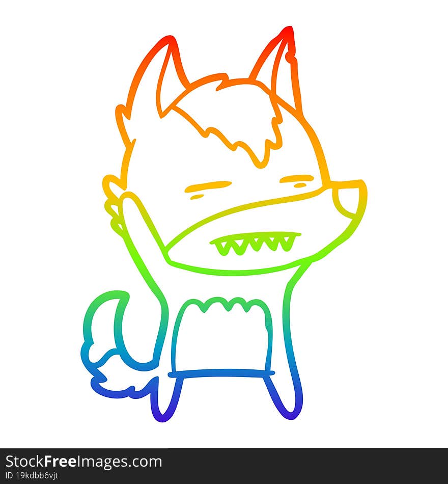 Rainbow Gradient Line Drawing Cartoon Wolf Waving Showing Teeth