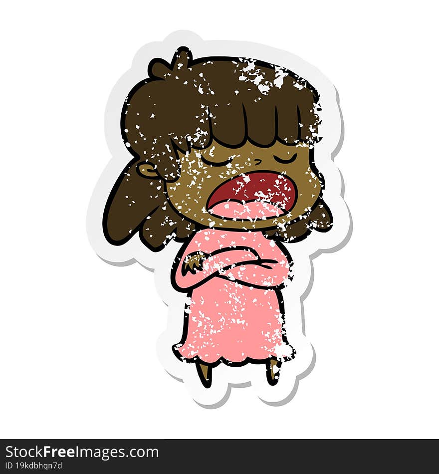 distressed sticker of a cartoon woman talking loudly