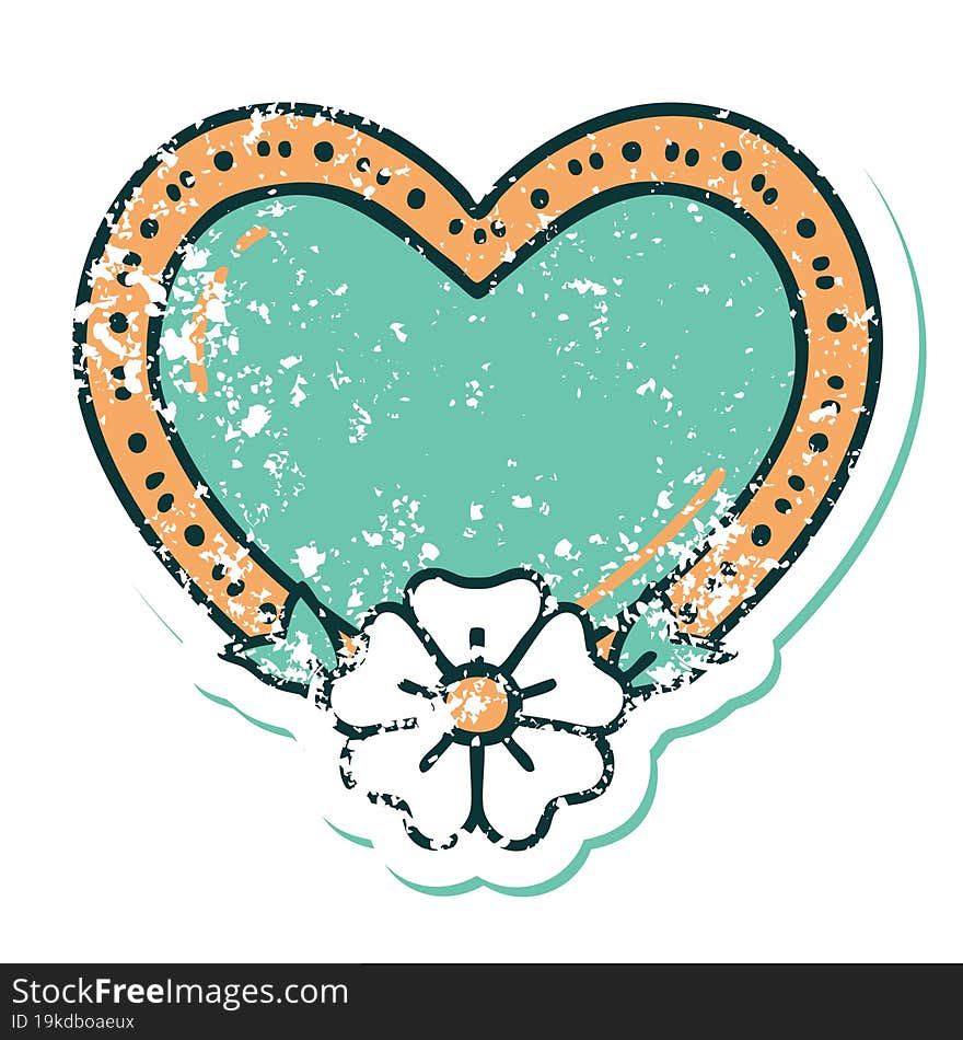 Distressed Sticker Tattoo Style Icon Of A Heart And Flower