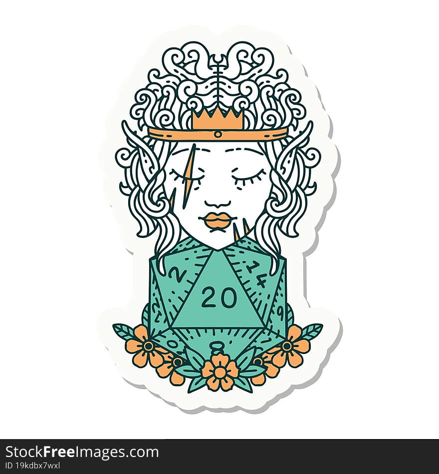 sticker of a elf barbarian character with natural 20 dice roll. sticker of a elf barbarian character with natural 20 dice roll