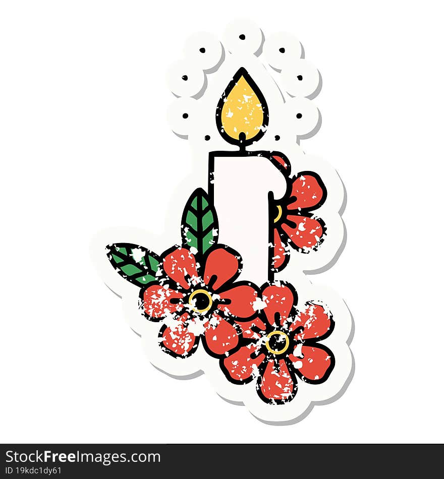 traditional distressed sticker tattoo of a candle and flowers