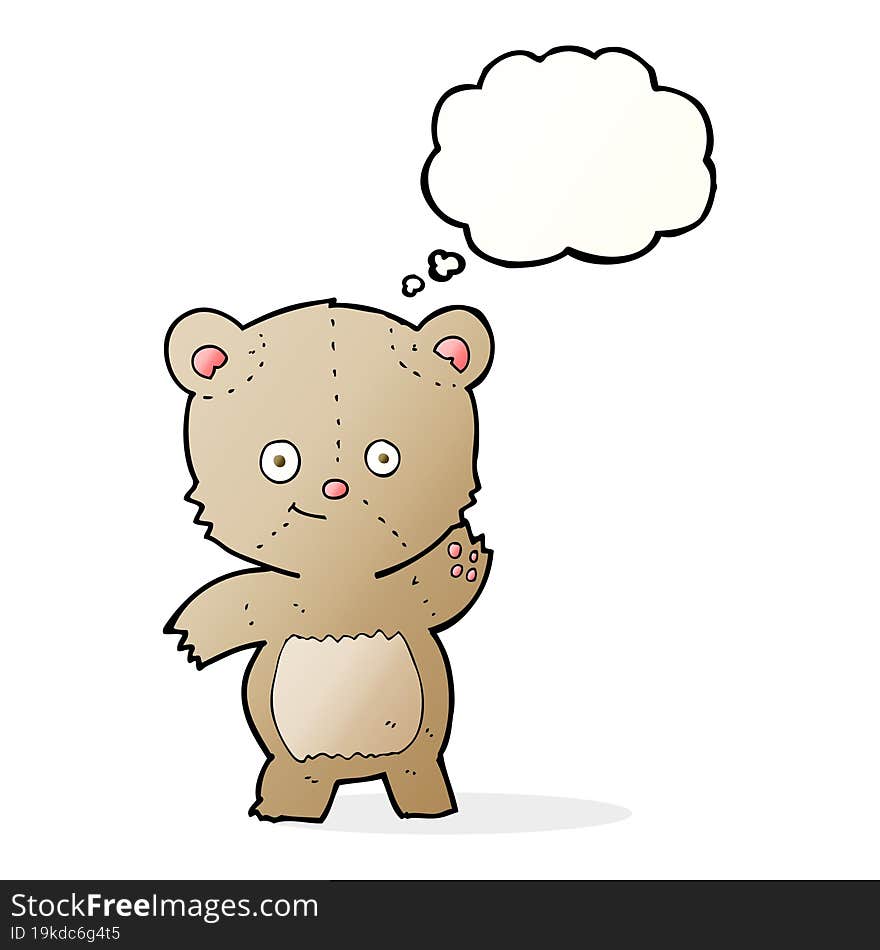 cartoon waving teddy bear with thought bubble