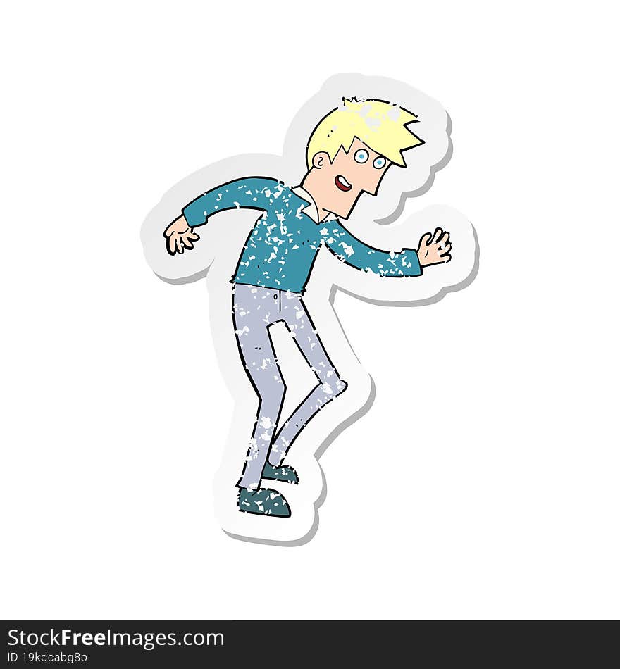 retro distressed sticker of a cartoon happy man dancing