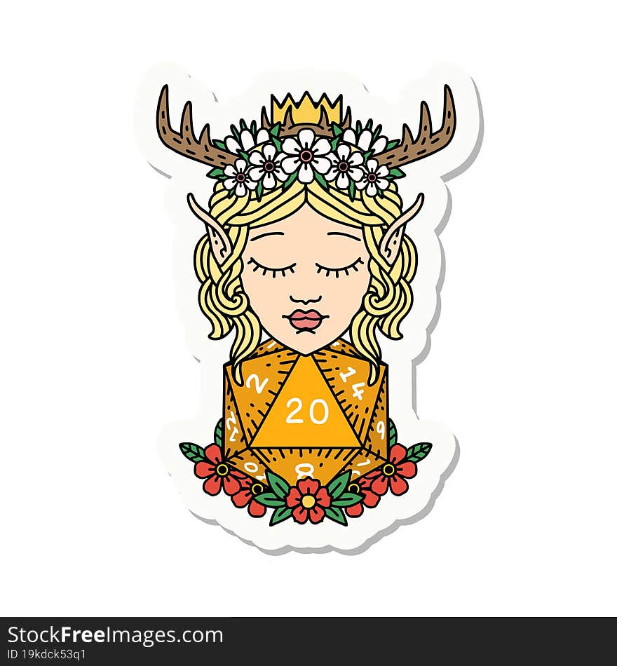 sticker of a elf druid character with nautral twenty dice roll. sticker of a elf druid character with nautral twenty dice roll