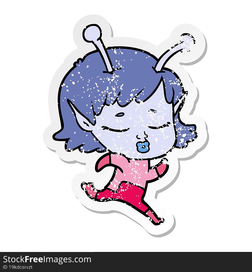 distressed sticker of a cartoon alien girl