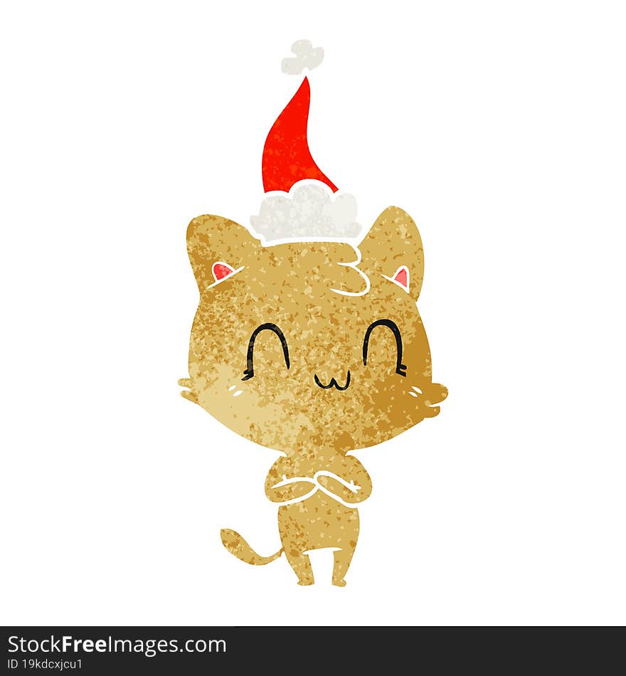 retro cartoon of a happy cat wearing santa hat