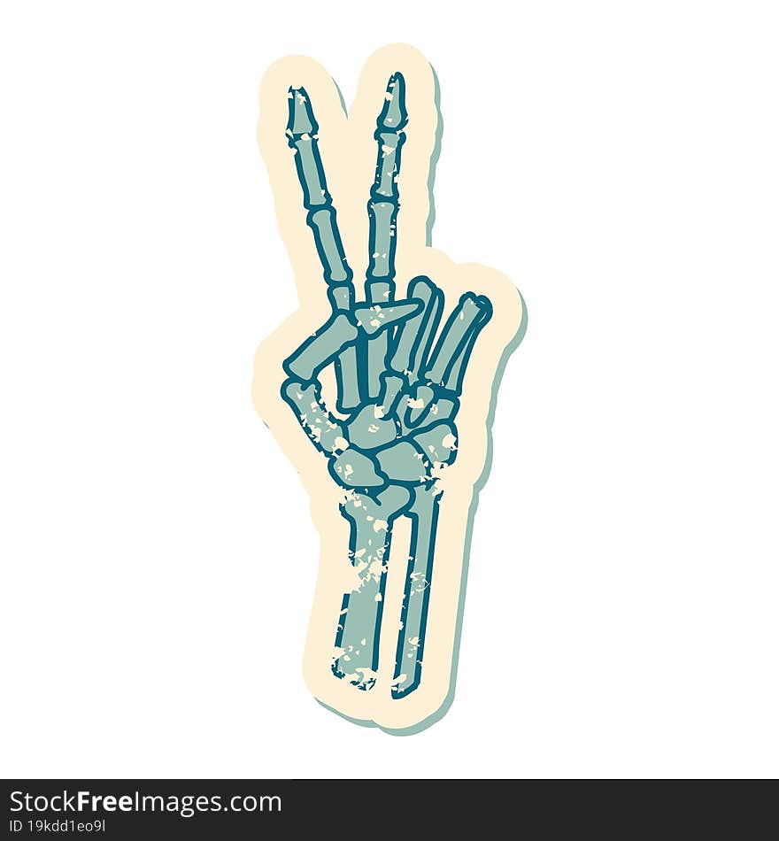 Distressed Sticker Tattoo Style Icon Of A Skeleton Hand Giving A Peace Sign