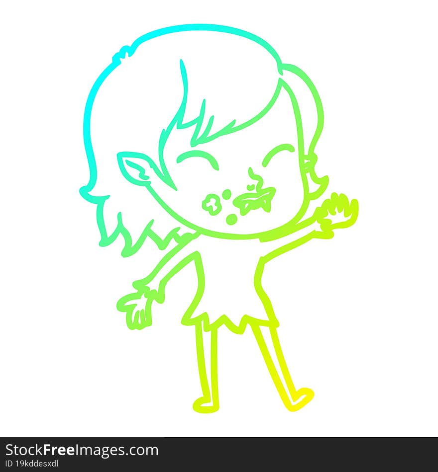 cold gradient line drawing cartoon vampire girl with blood on cheek